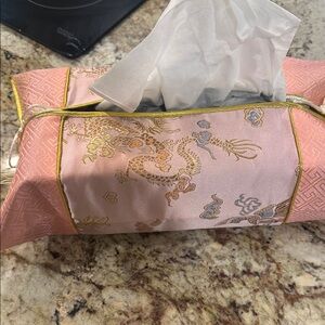 Pink Silk Tissue Box Cover with Dragon Embroidery